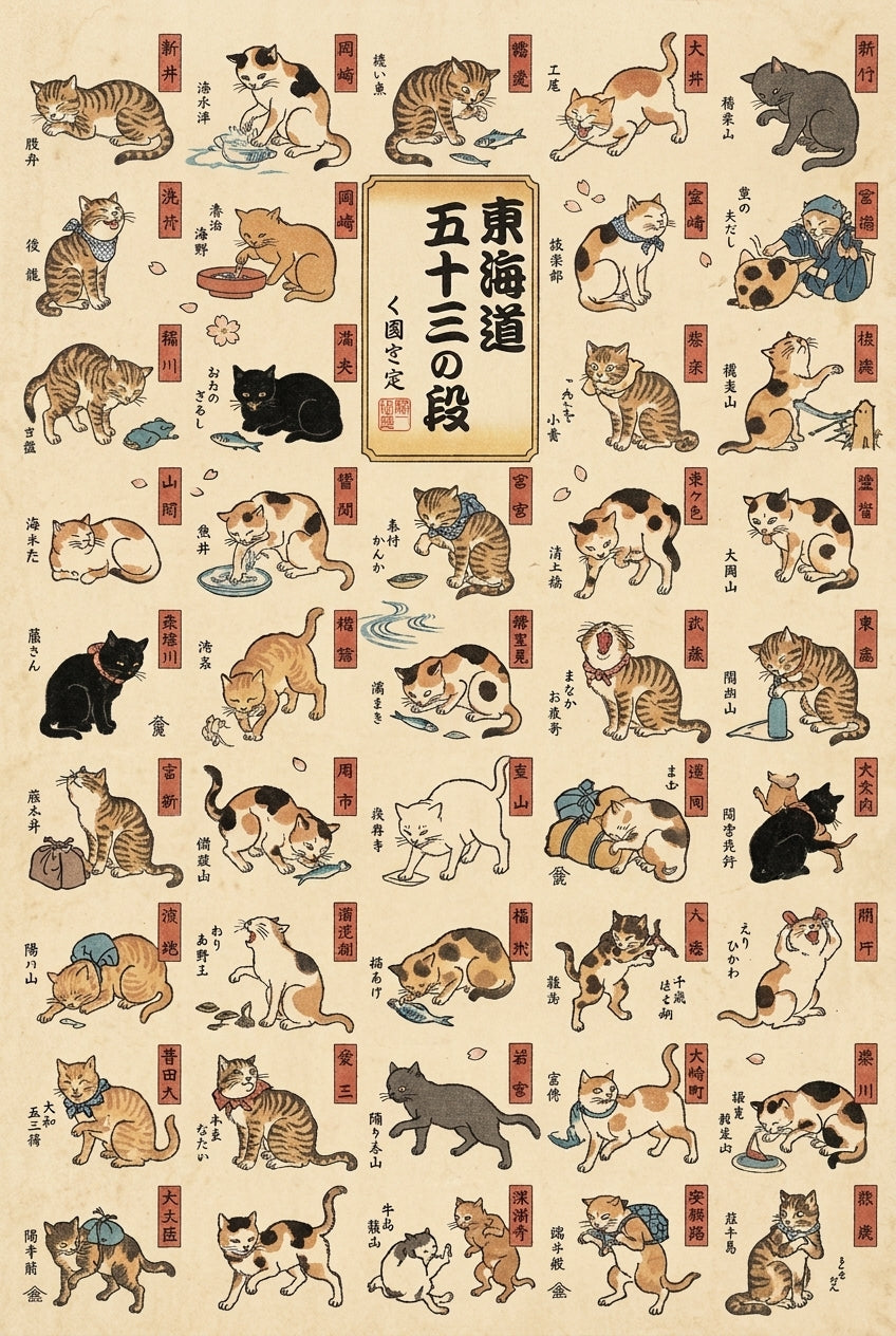 Poster Chats du Tokaido, estampe japonaise