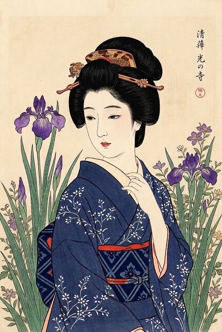 Poster de Geisha japonaise, iris violets