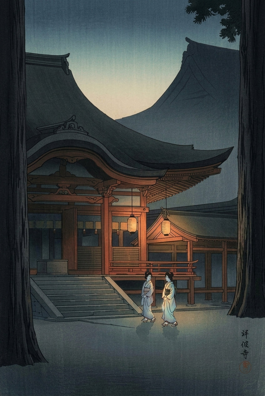 Poster Temple Japonais, nuit aux lanternes