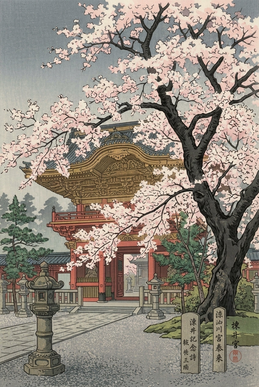 Poster Temple Japonais, Cerisier en Fleurs