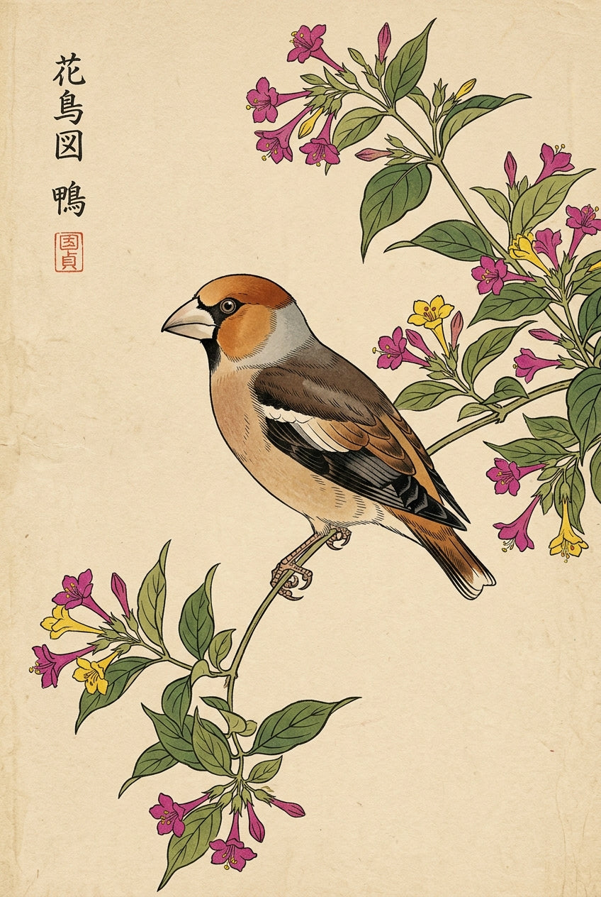 Poster d'oiseau japonais, fleurs roses