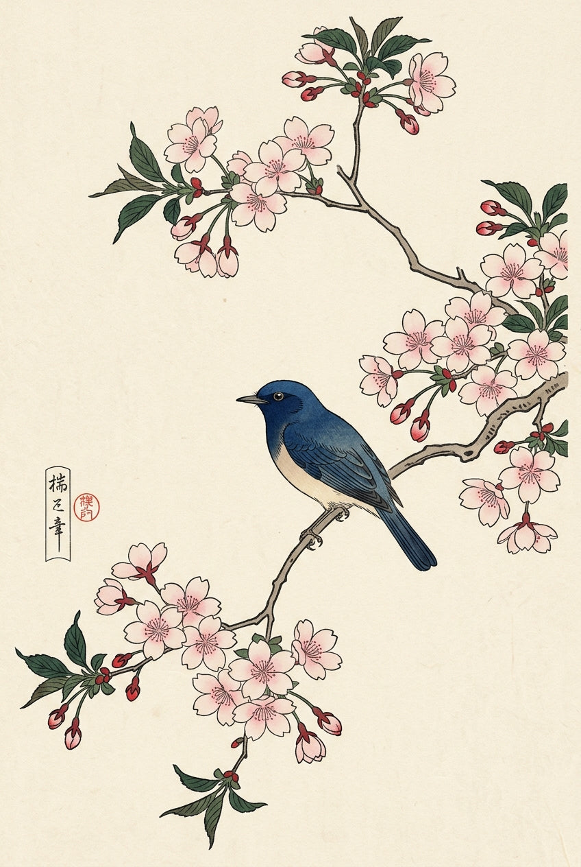 Affiche d'oiseau bleu japonais, poster fleurs cerisier
