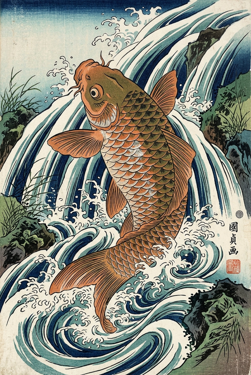 Affiche Carpe Koï, poster cascade japonaise