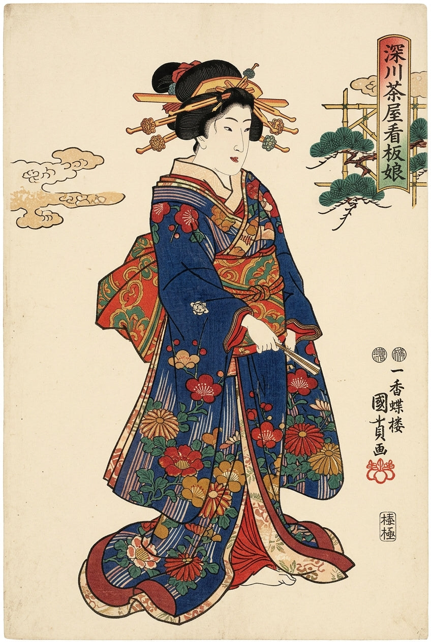 Affiche Geisha au kimono bleu, poster vintage