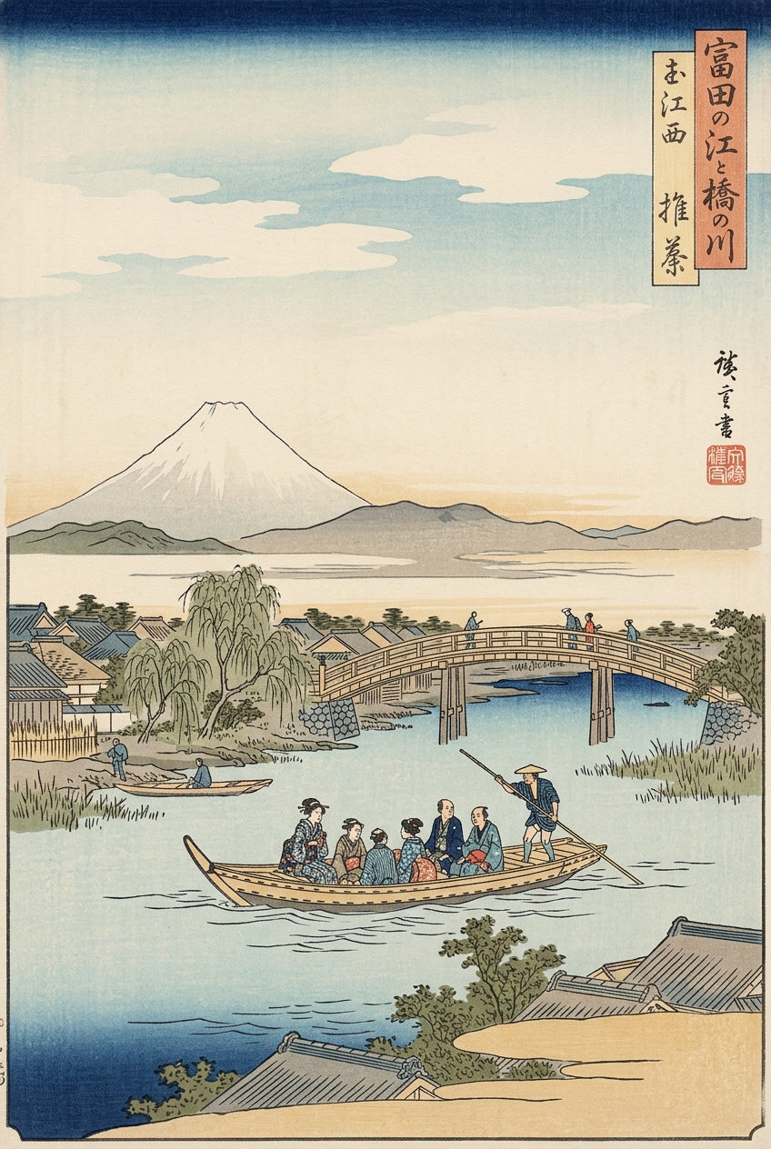 Poster du Mont Fuji, scène de rivière japonaise