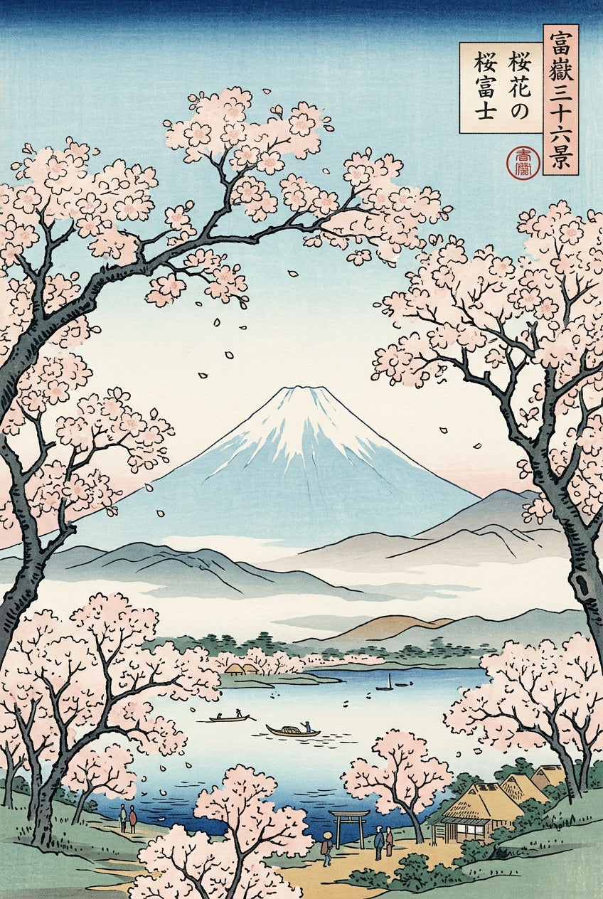 Affiche Mont Fuji, poster cerisiers en fleurs