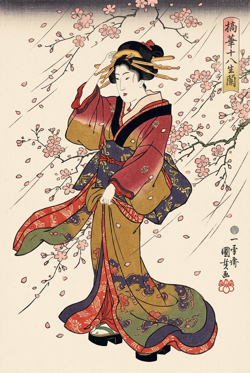 Affiche d'une femme en kimono, poster cerisiers