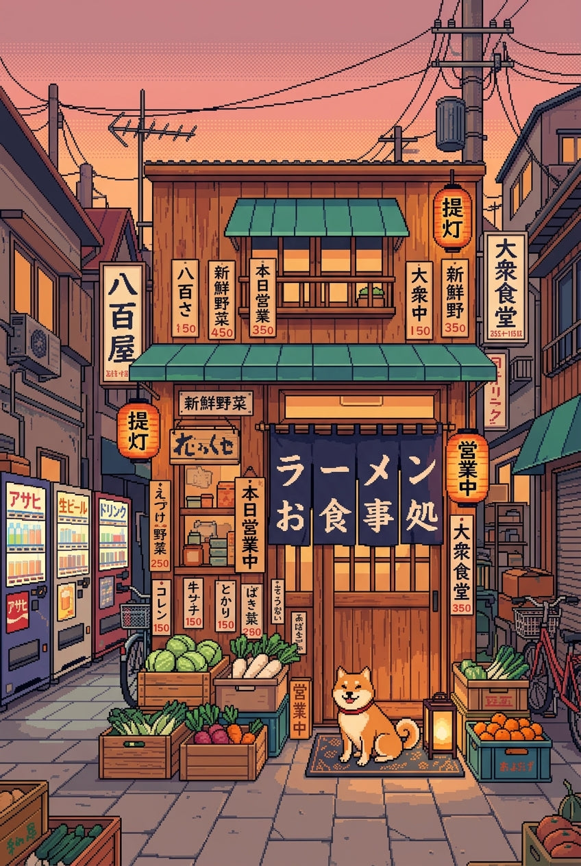 Poster du Japon, pixel art Shiba Inu