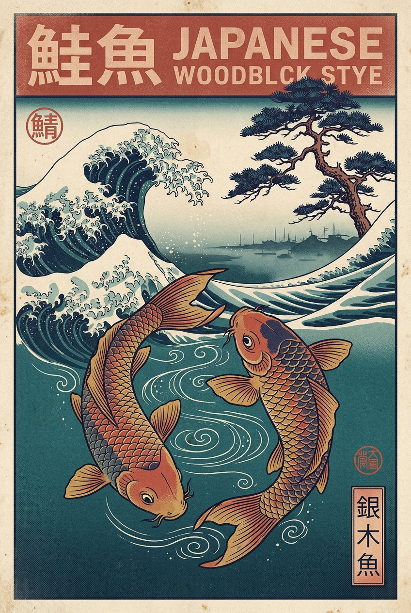 Affiche Carpes Koï, poster vague japonaise