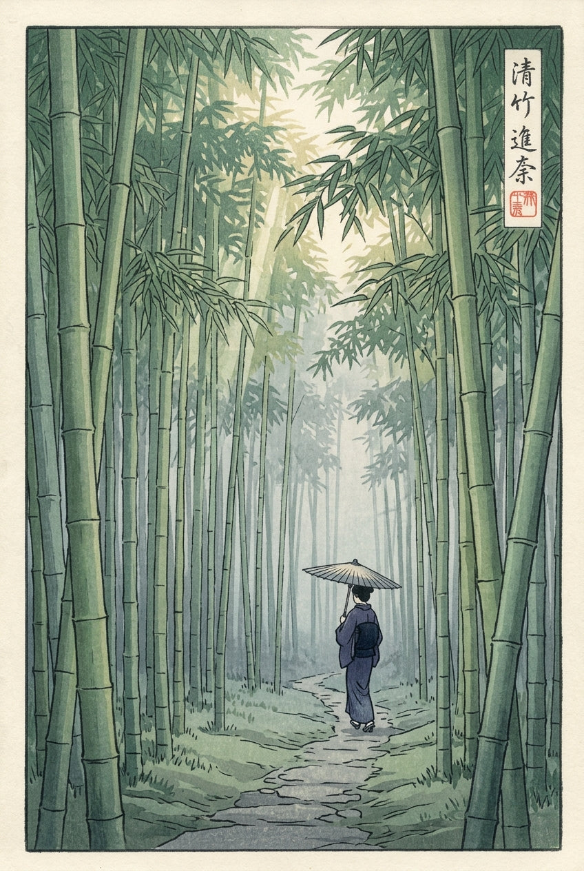 Affiche Forêt de bambous, poster femme au kimono