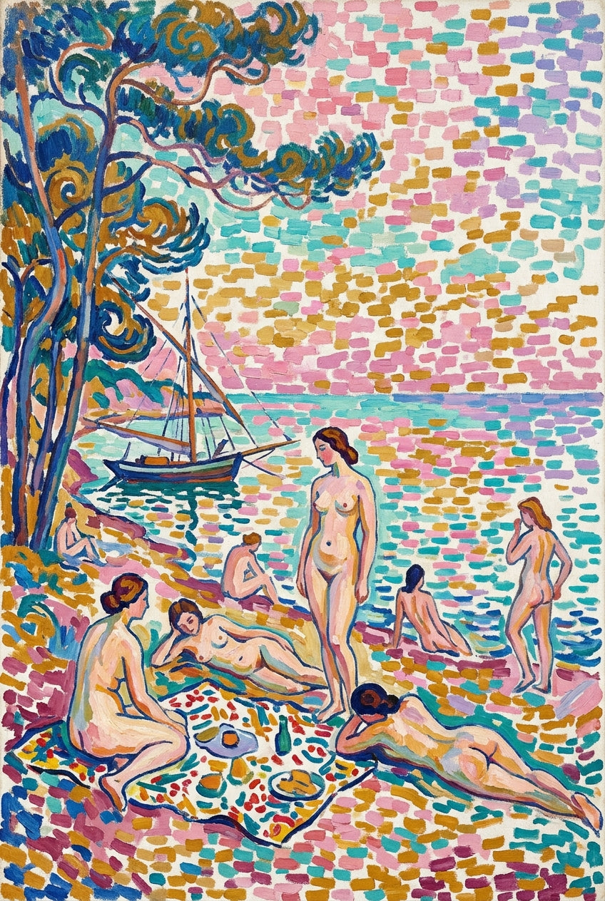 Affiche de plage pointilliste, poster baigneuses