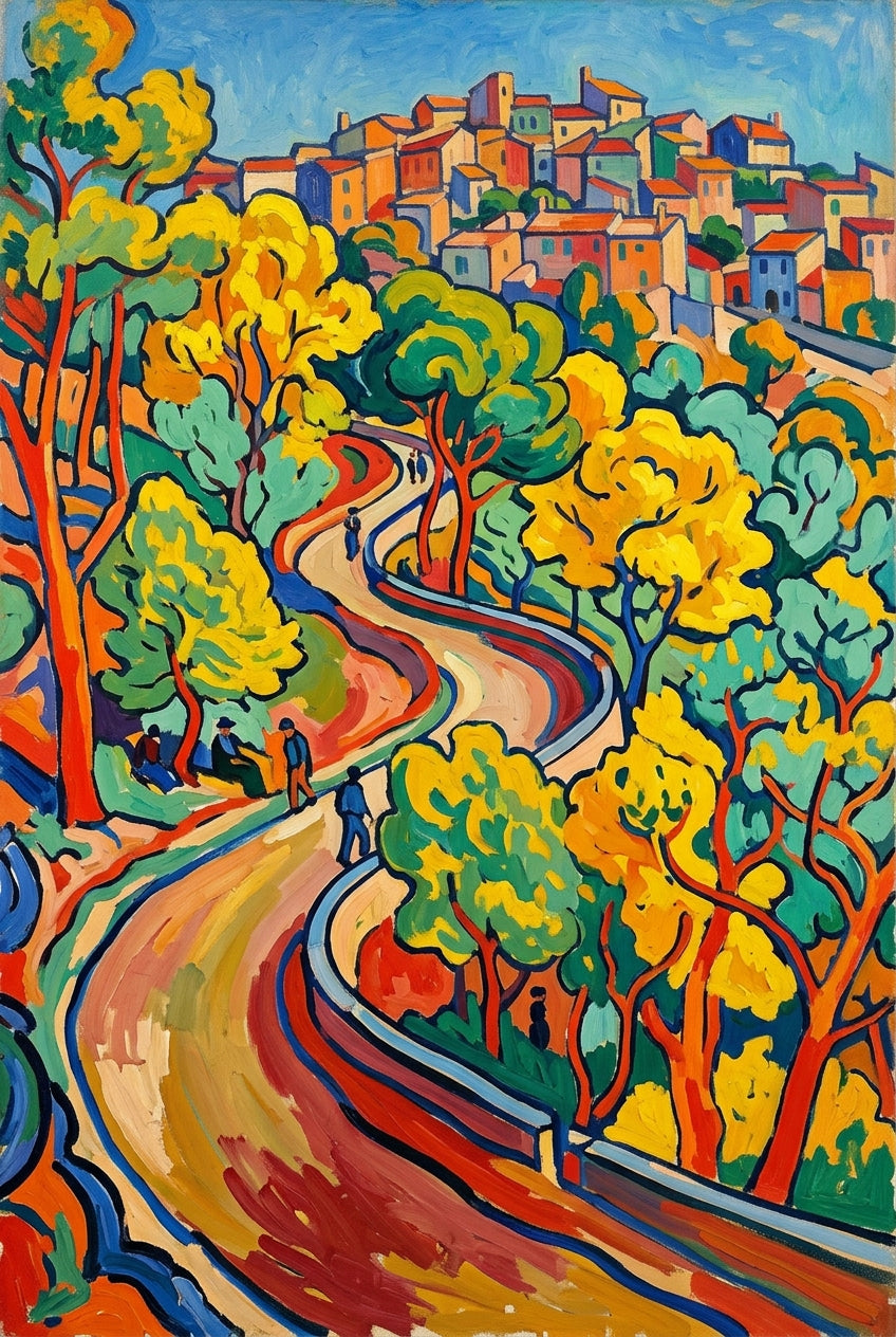 Affiche de paysage fauviste, poster village coloré