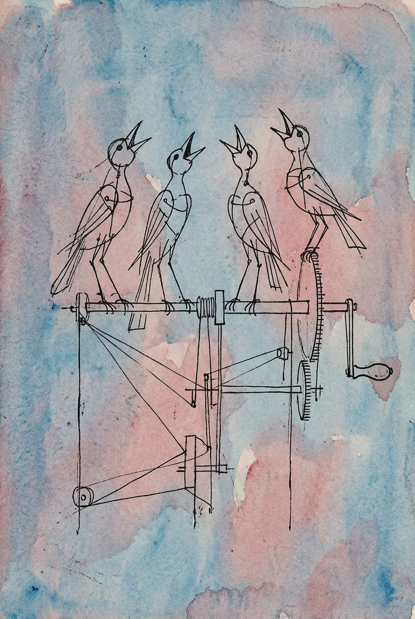 Poster d'oiseaux mécaniques, art contemporain