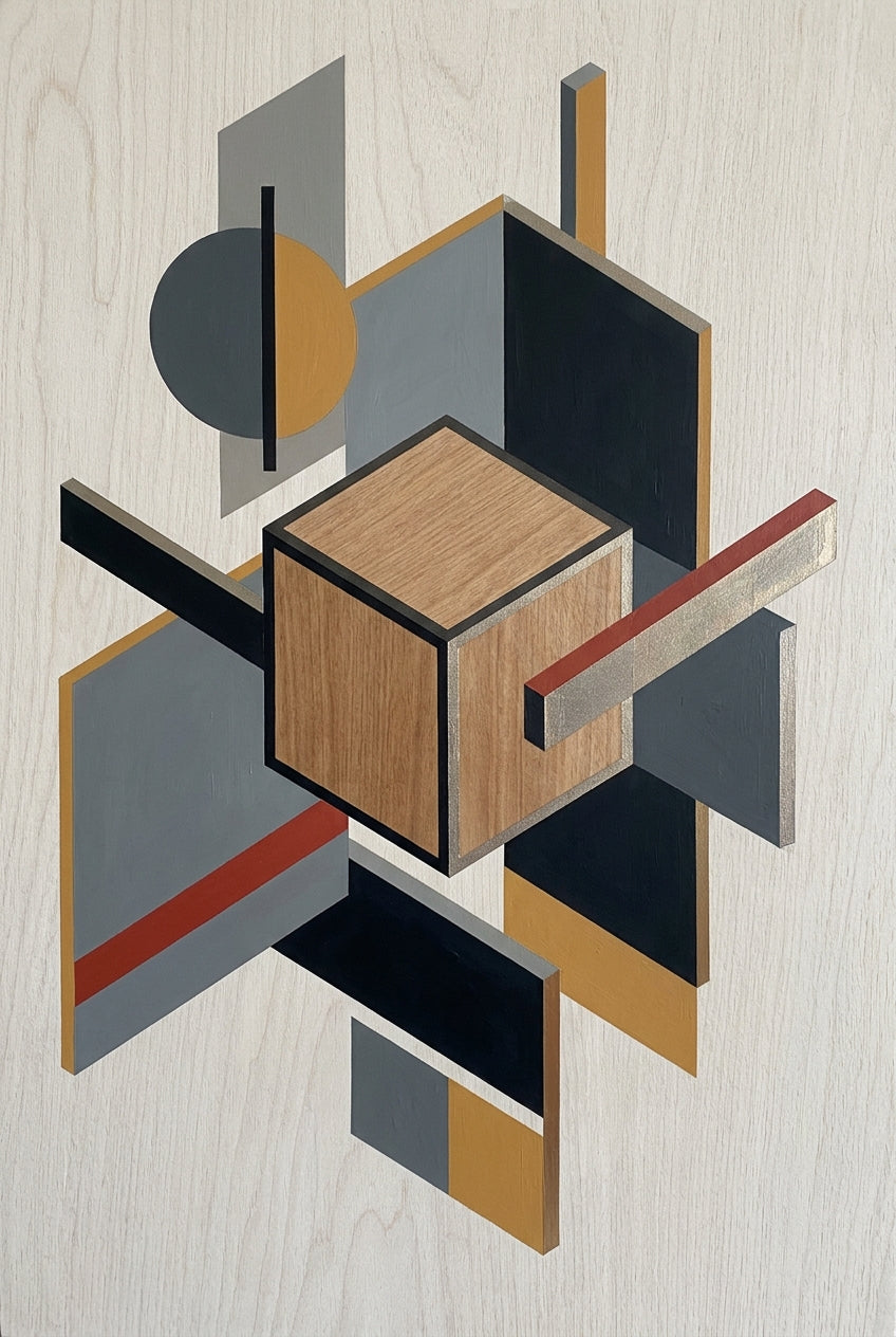 Poster d'art géométrique contemporain, cube bois