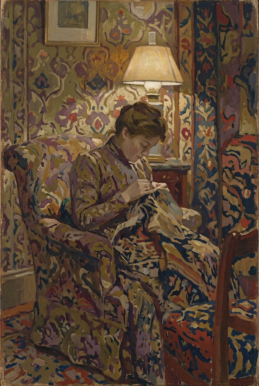 Affiche de femme qui coud, poster salon coloré
