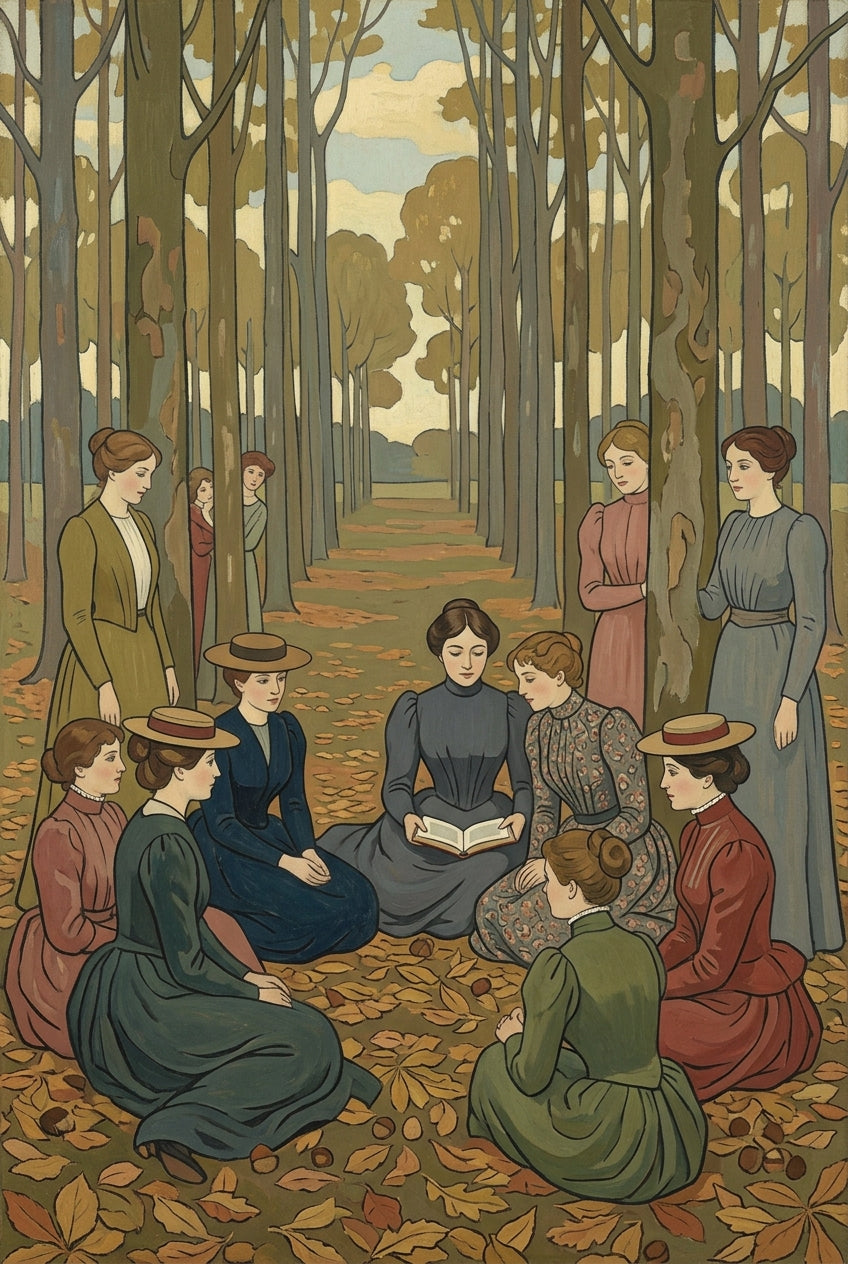 Affiche de lecture en forêt, poster de femmes en cercle