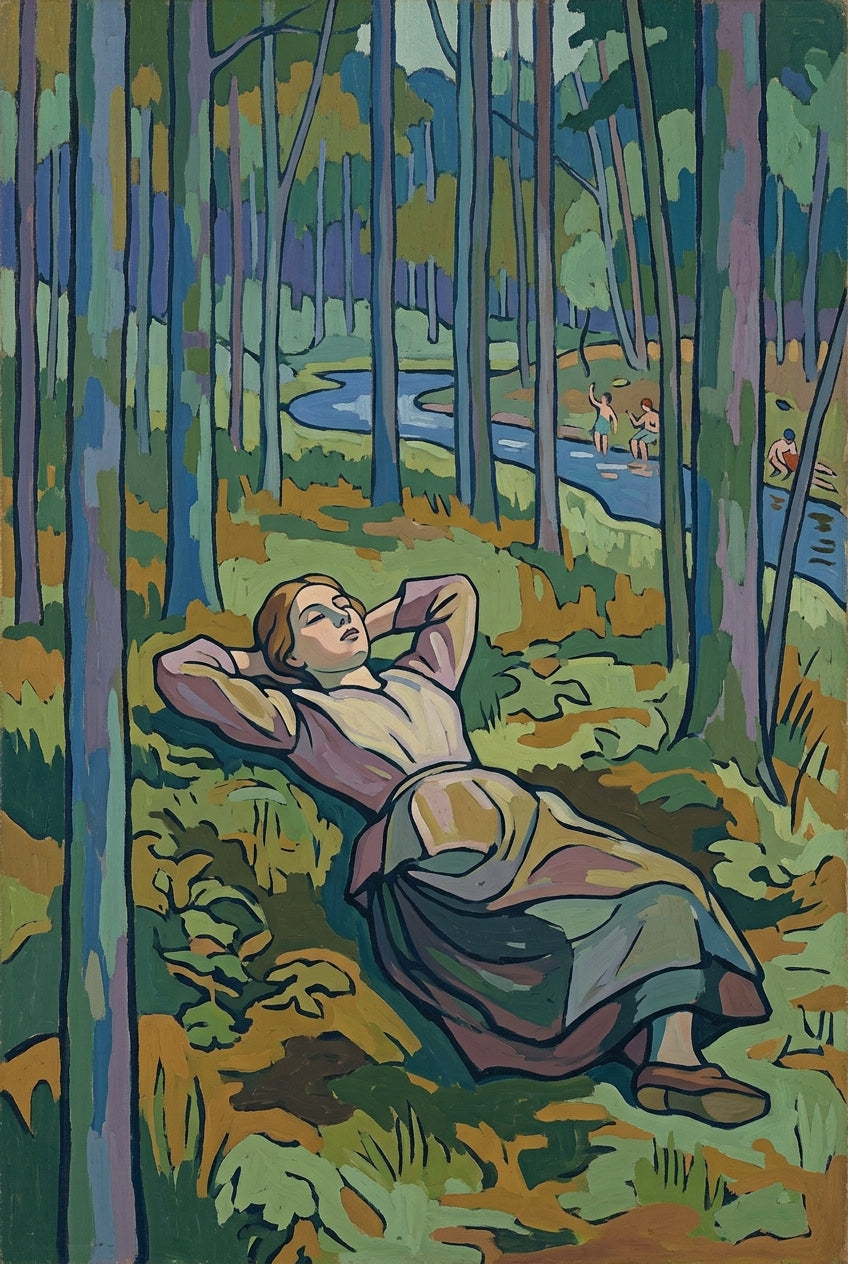Affiche de sieste en forêt, poster forêt colorée
