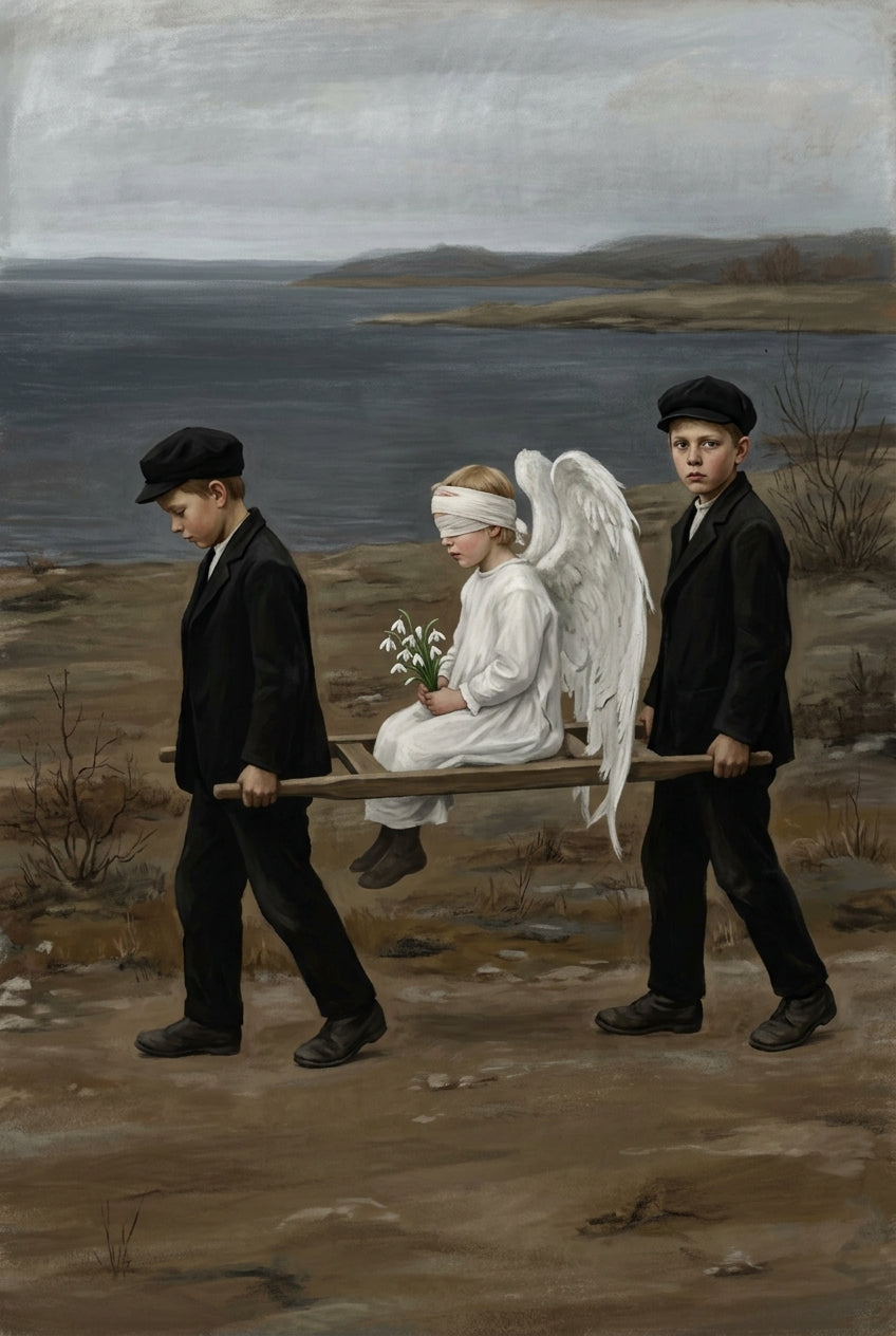 Affiche de l'ange blessé, poster deux enfants et ange