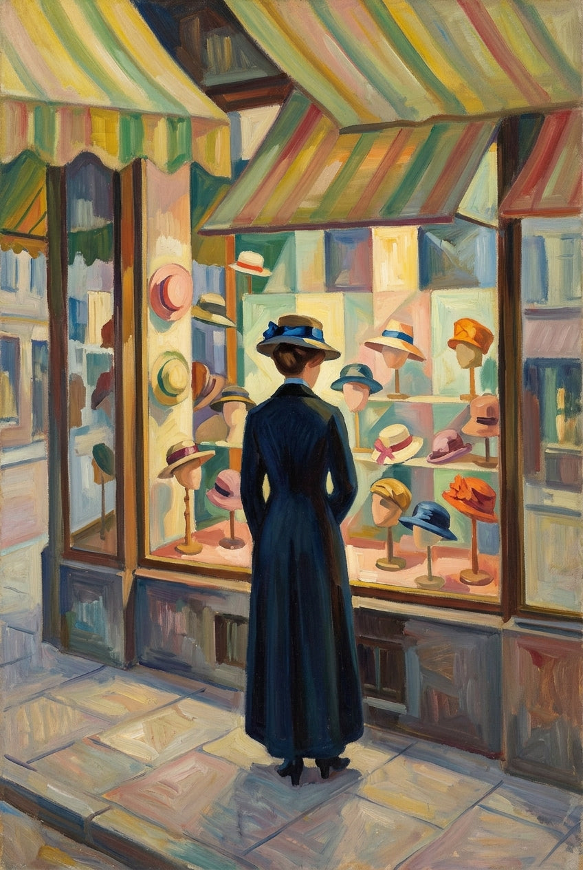 Affiche de la modiste, poster vitrine de chapeaux