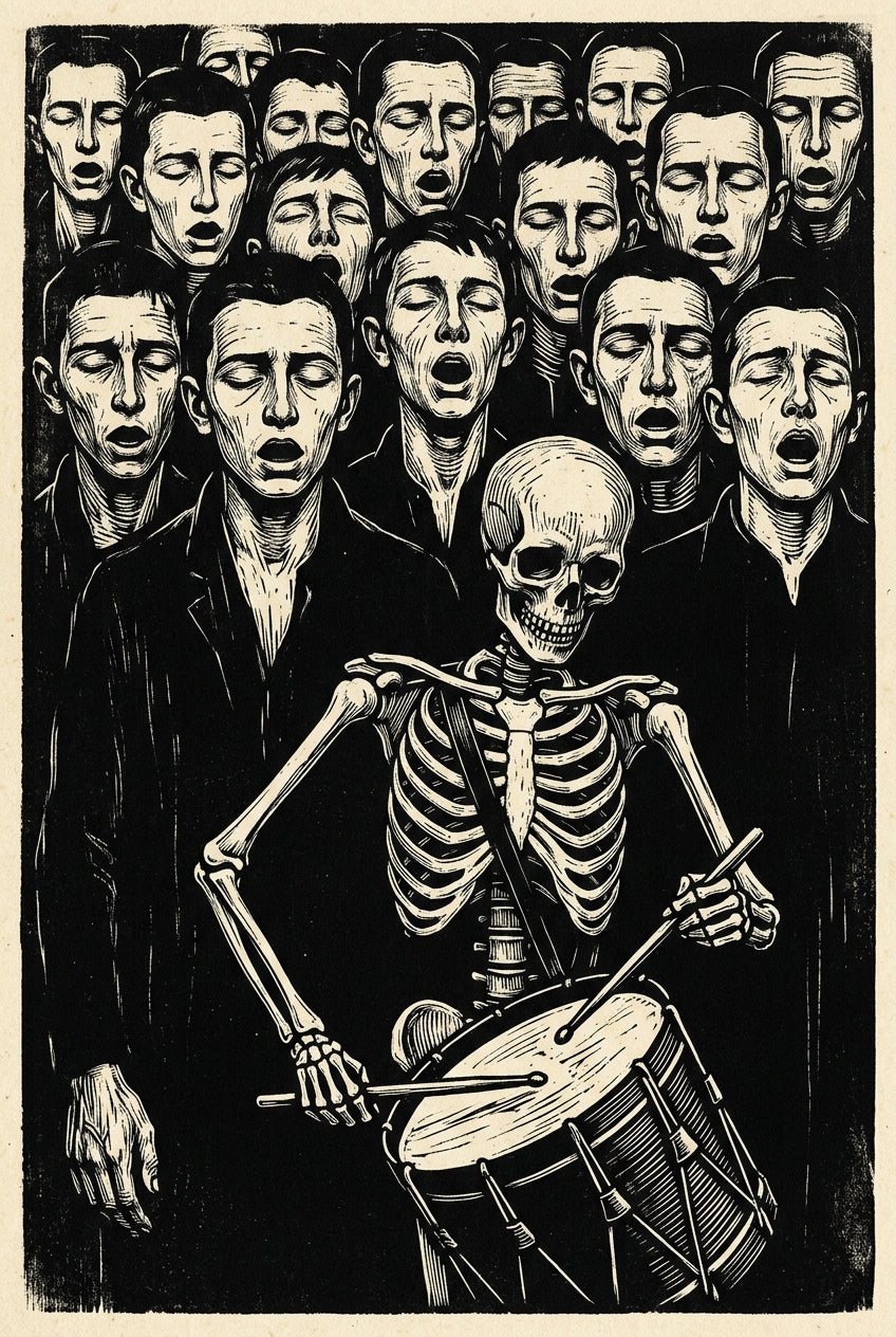 Affiche de linogravure macabre, poster squelette