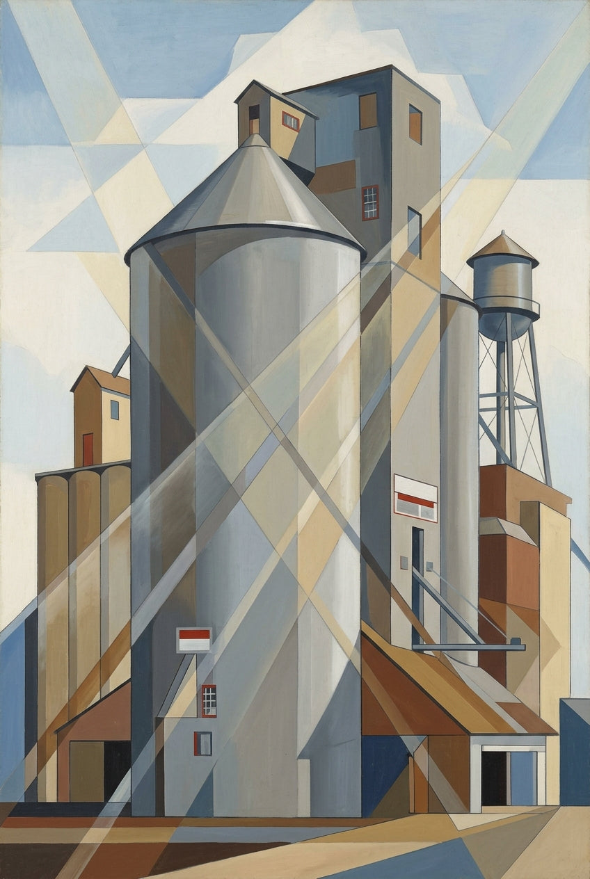 Affiche de silos industriels, style cubiste