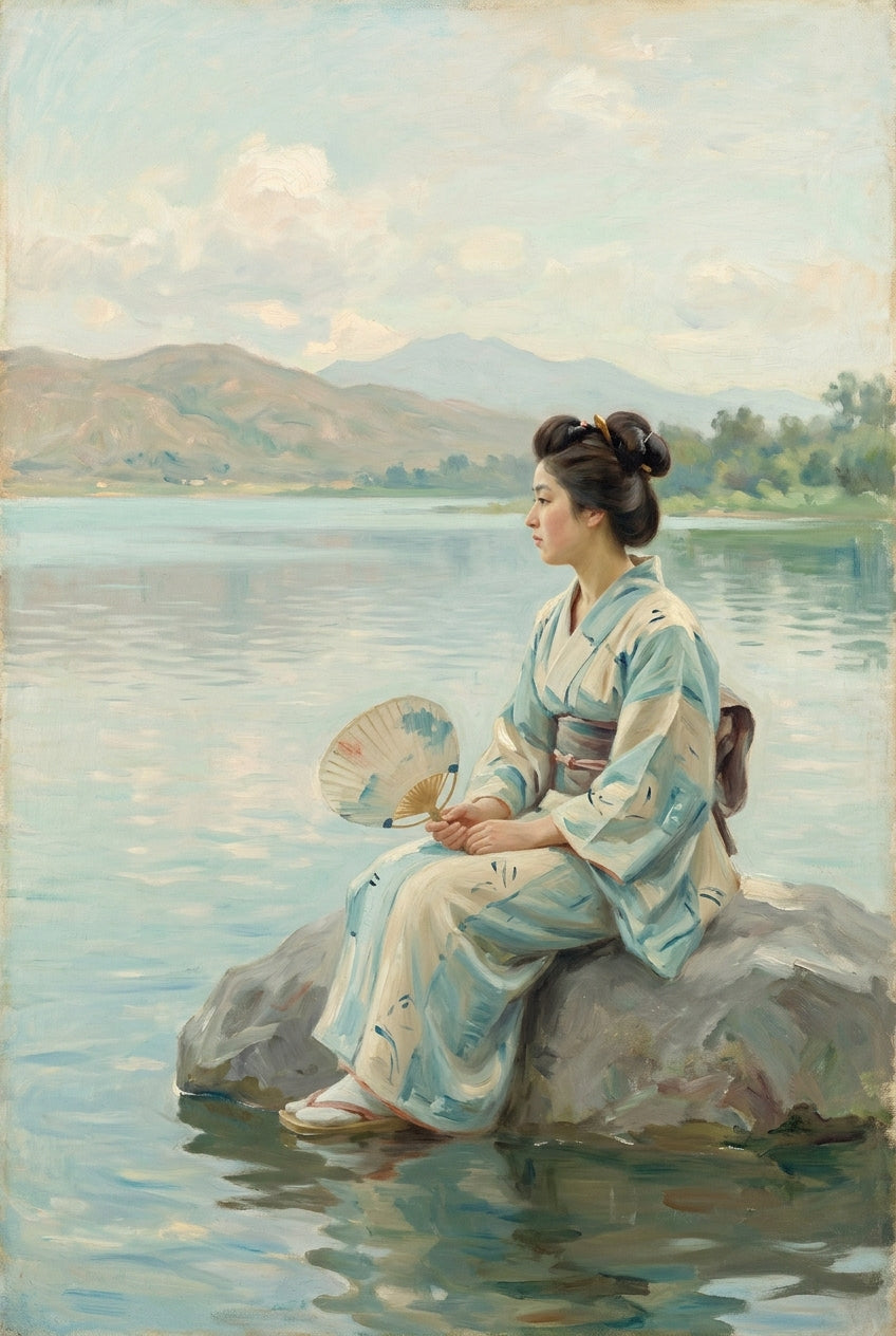Affiche de femme au kimono, poster éventail
