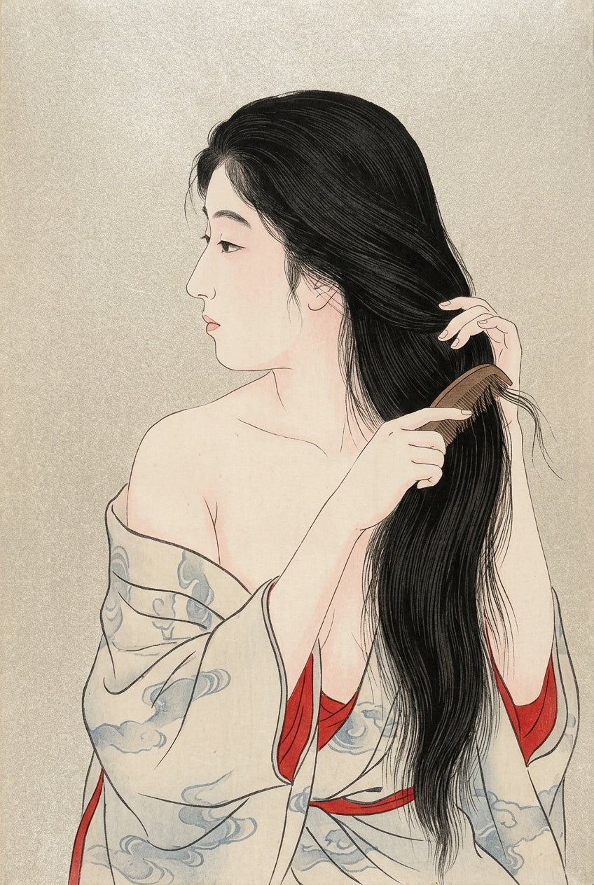 Affiche d'une Japonaise se coiffant, style Ukiyo-e