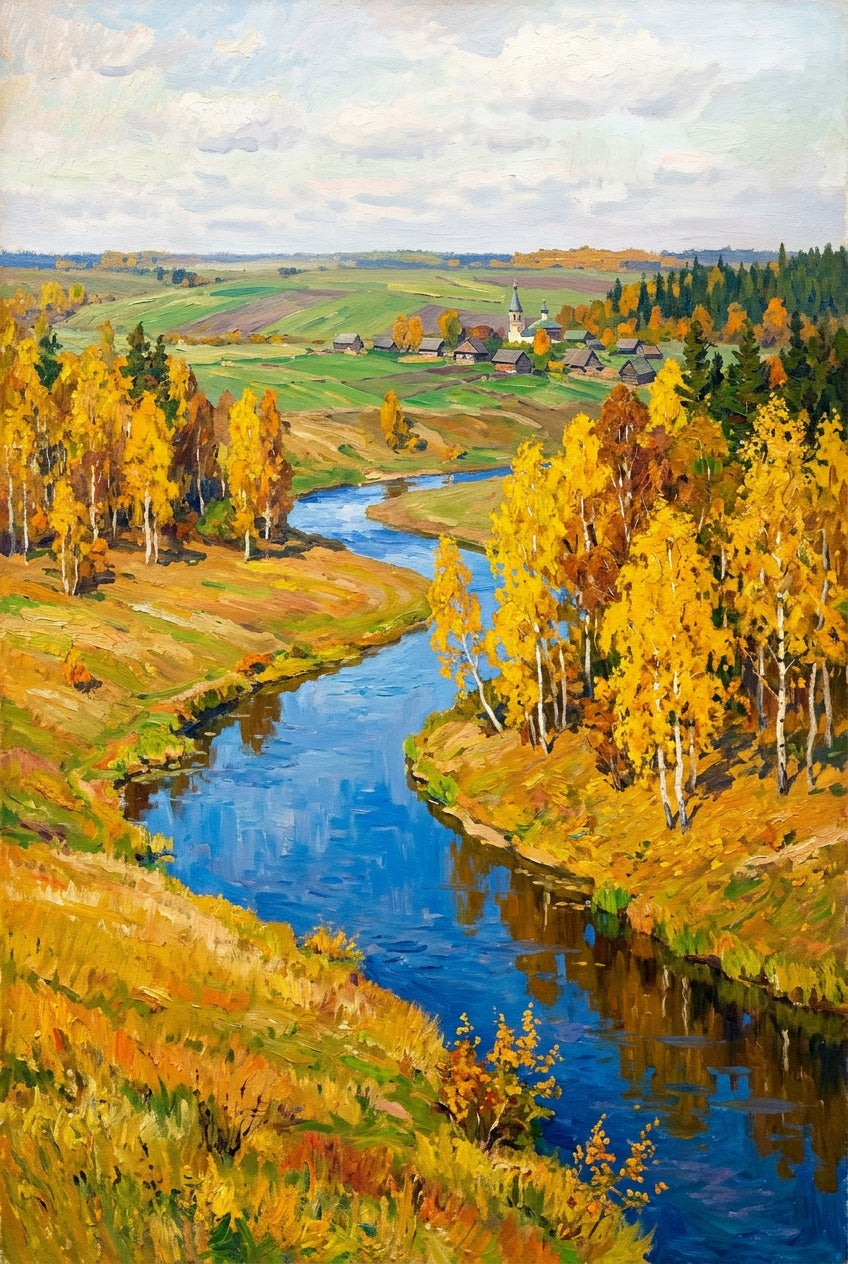 Poster Paysage d'Automne, rivière bleue