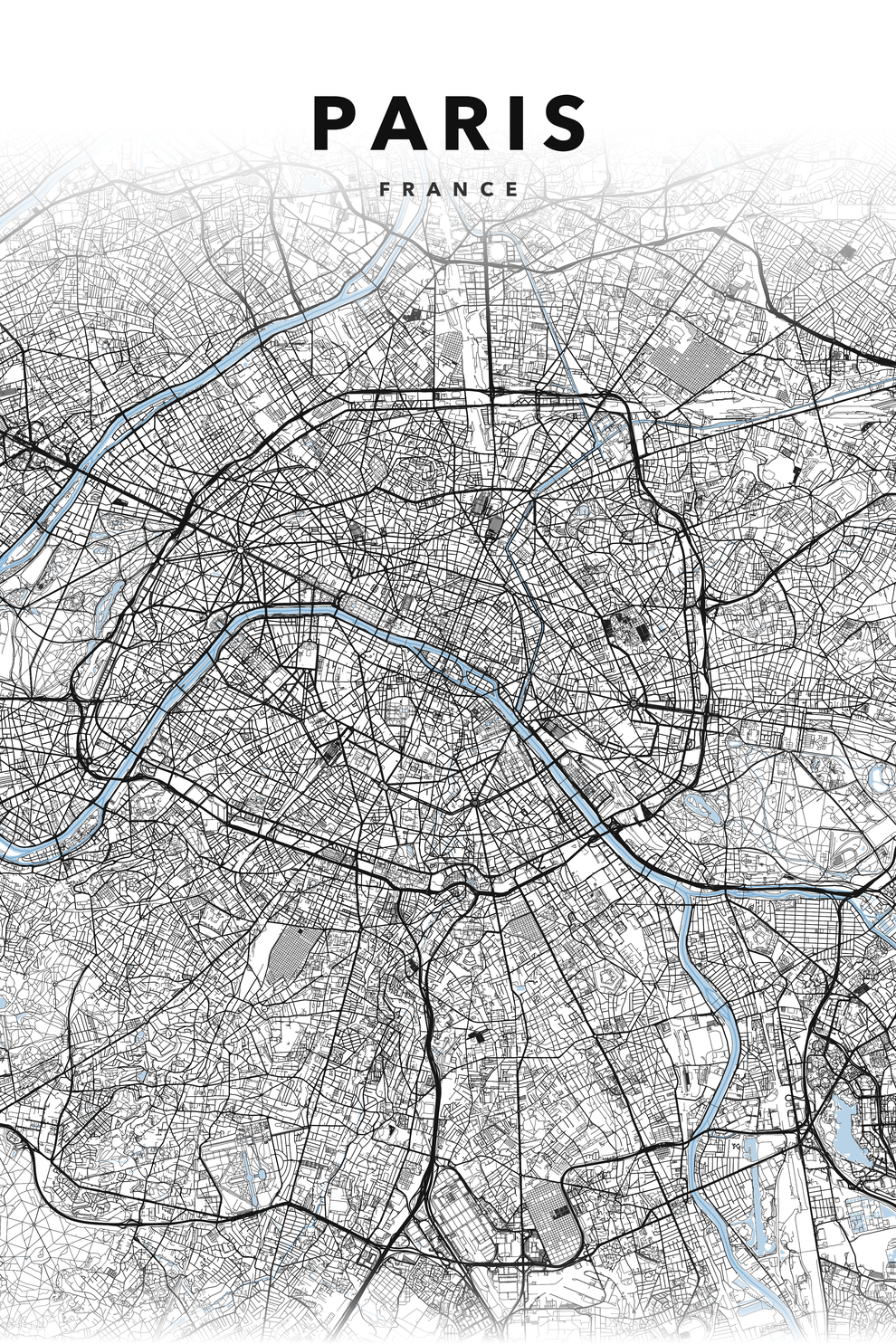 Poster de Paris, carte plan de ville noir et blanc | Afich