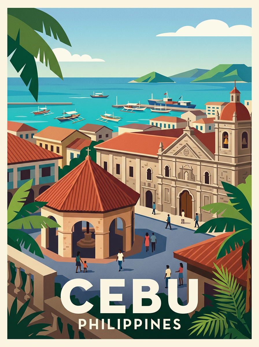 Affiche de Cebu, maisons sur pilotis aux Philippines