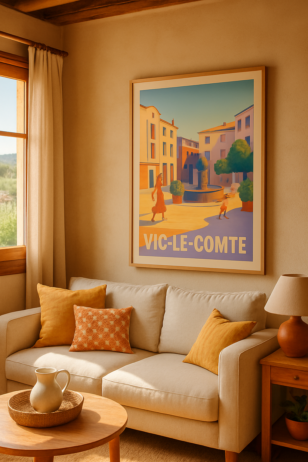Affiche Vic-le-Comte — Charmante Place ensoleillée · poster d'art de Vic-le-Comte