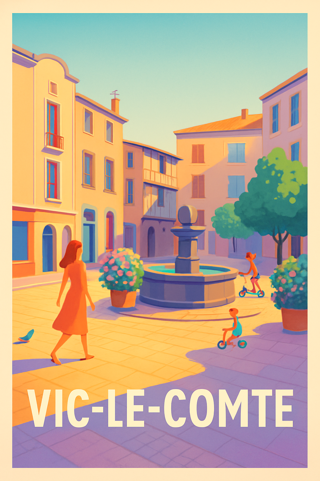 Affiche Vic-le-Comte — Charmante Place ensoleillée · poster d'art de Vic-le-Comte