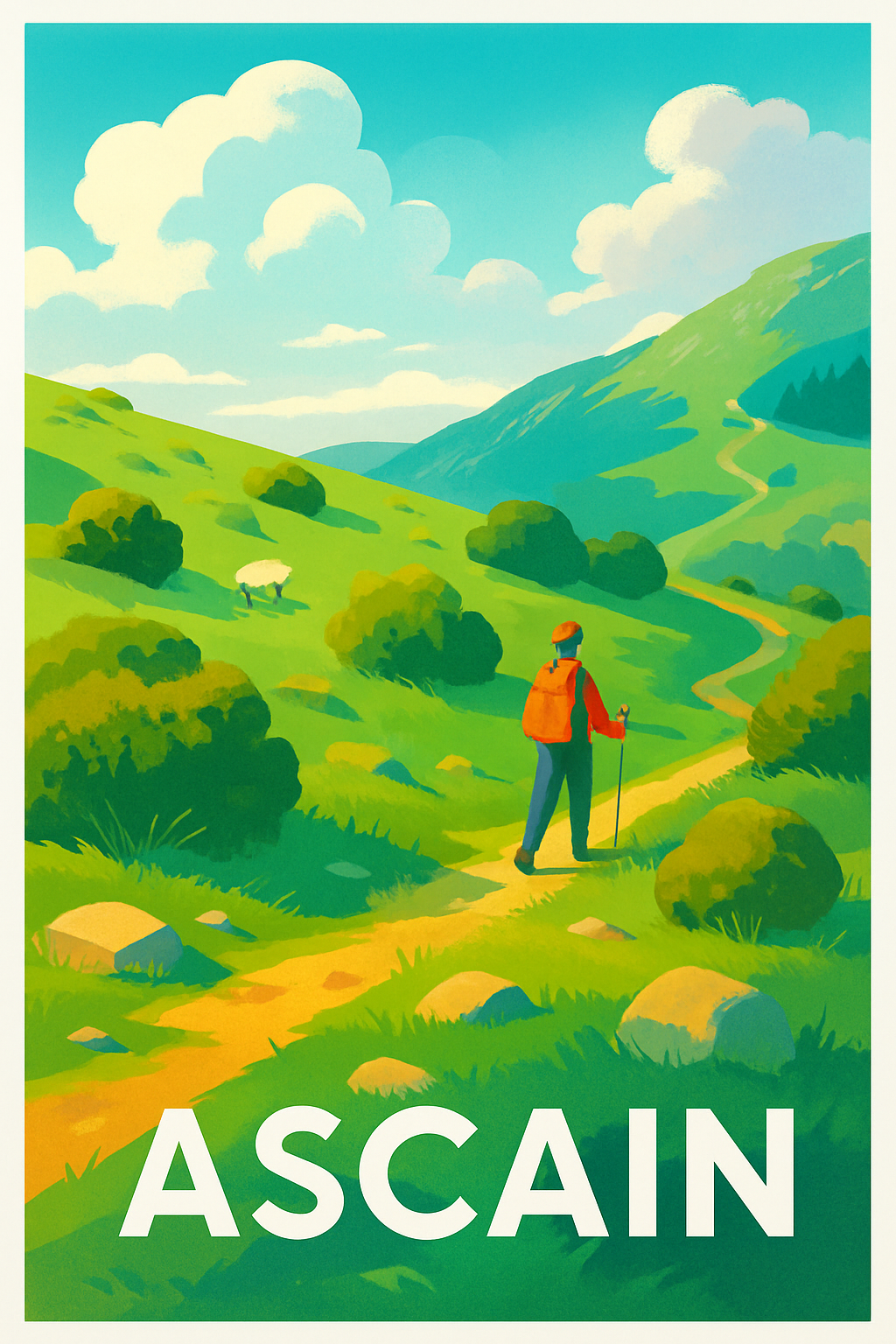 Pyrénées-Atlantiques France Pas de Cadre / 20 × 30cm Affiche de Ascain - Invitation à la randonnée en pleine nature