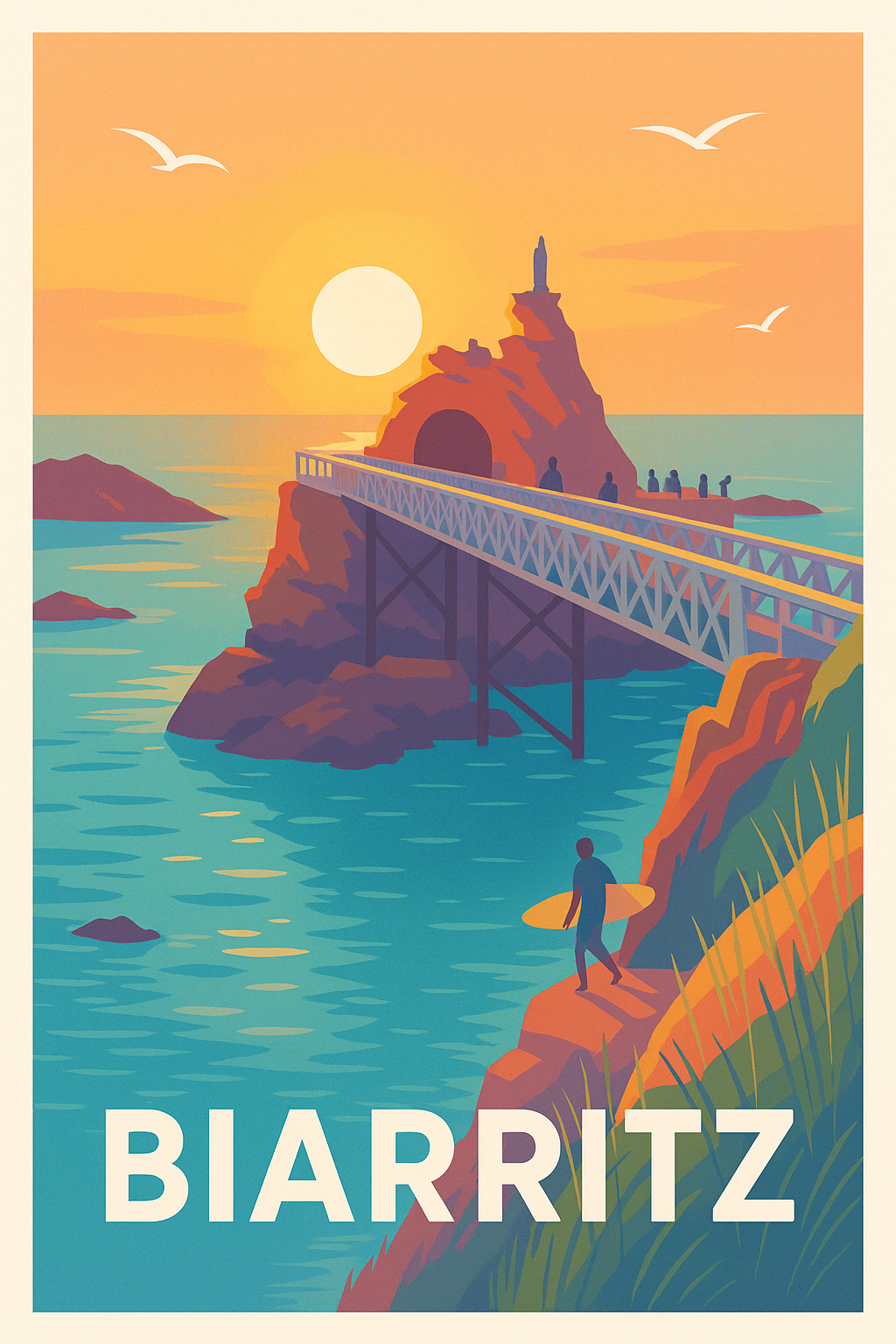 Pyrénées-Atlantiques France Pas de Cadre / 20 × 30cm Affiche de Biarritz - L'Esprit Surf au Coucher du Soleil