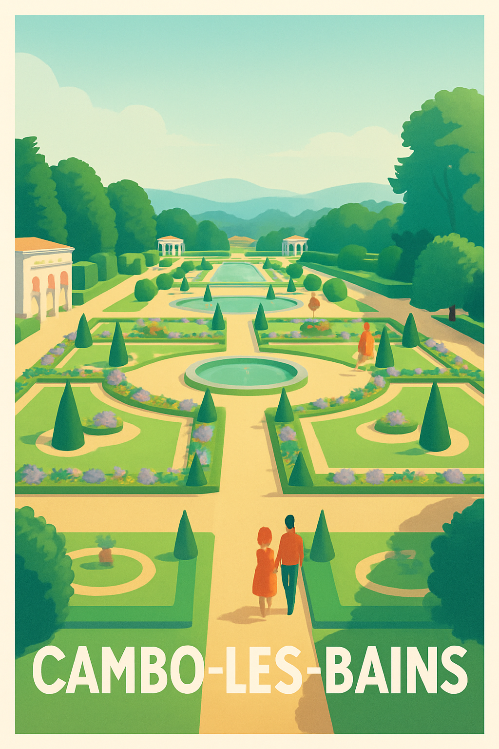 Affiche Cambo-les-Bains — Promenade paisible dans les jardins à la française · poster d'art de Cambo-les-Bains