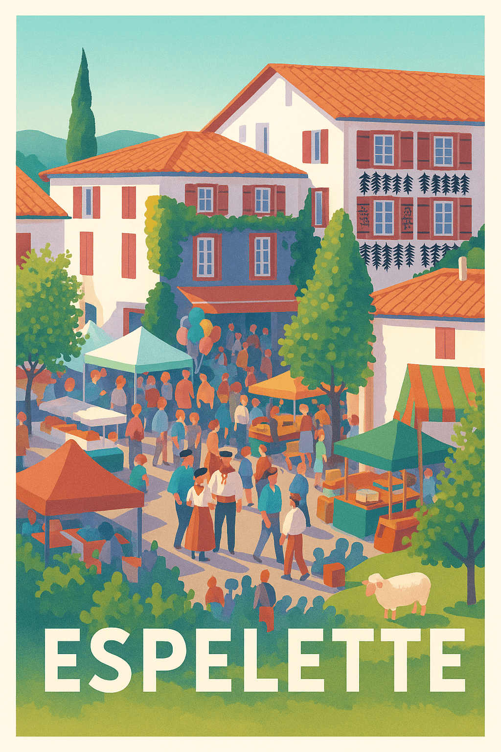 Pyrénées-Atlantiques France Pas de Cadre / 20 × 30cm Affiche de Espelette - L'animation conviviale du marché traditionnel