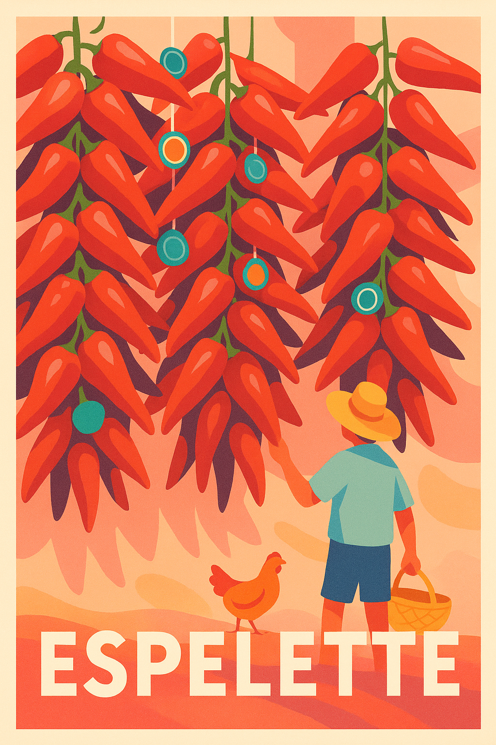 Pyrénées-Atlantiques France Pas de Cadre / 20 × 30cm Affiche de Espelette - L'Art des Piments Basques