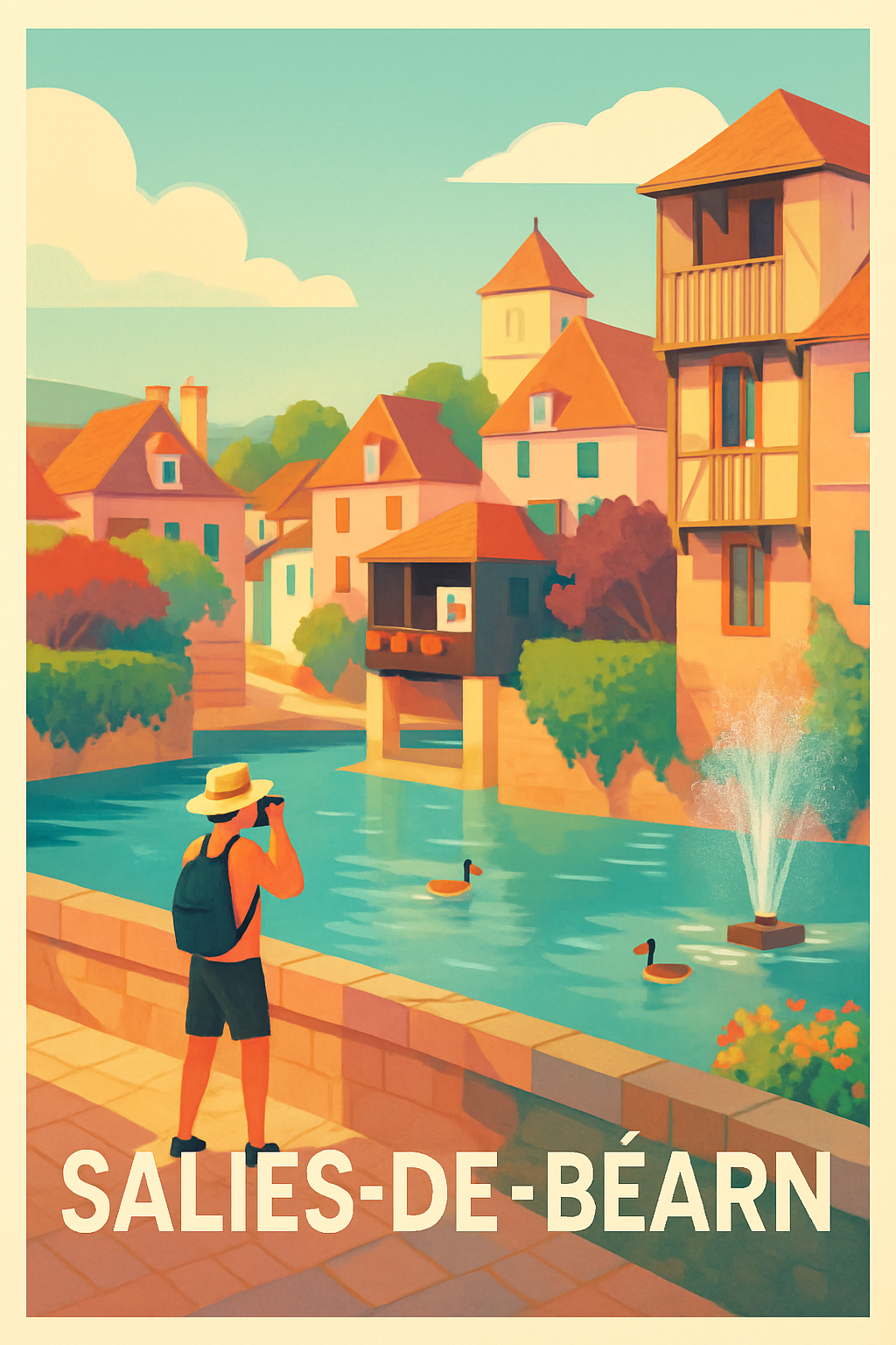 Affiche Salies-de-Béarn — Charme paisible au fil de l'eau · poster d'art de Salies-de-Béarn