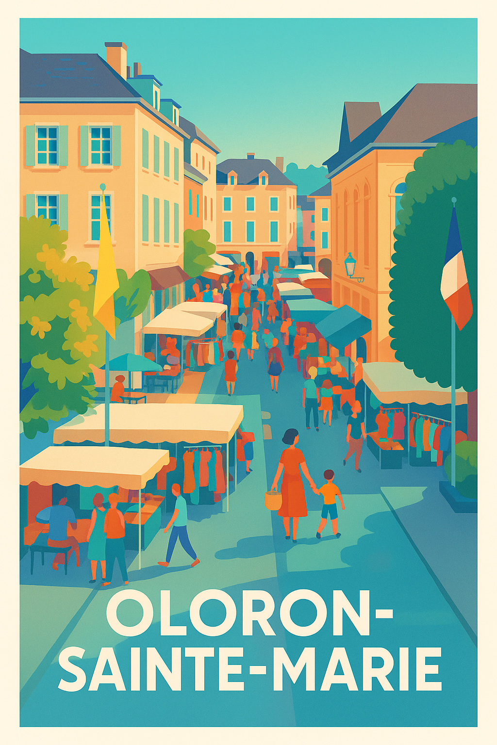 Affiche Oloron-Sainte-Marie — Ambiance conviviale du marché · poster d'art de Oloron-Sainte-Marie