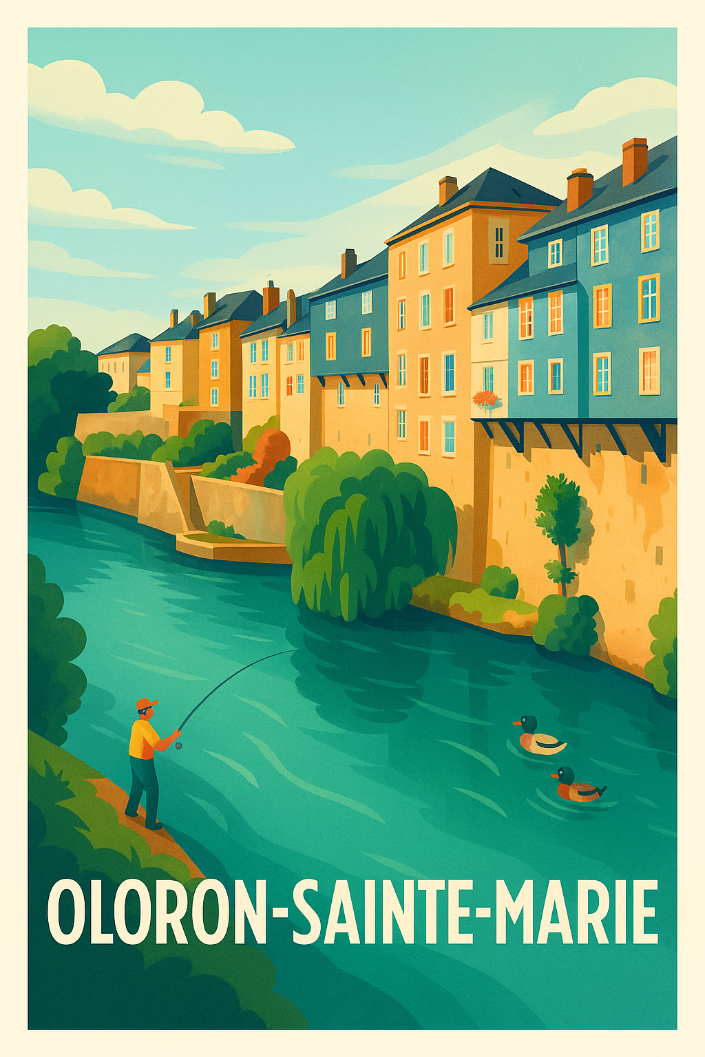 Affiche Oloron-Sainte-Marie — Charme paisible au bord de l'eau · poster d'art de Oloron-Sainte-Marie