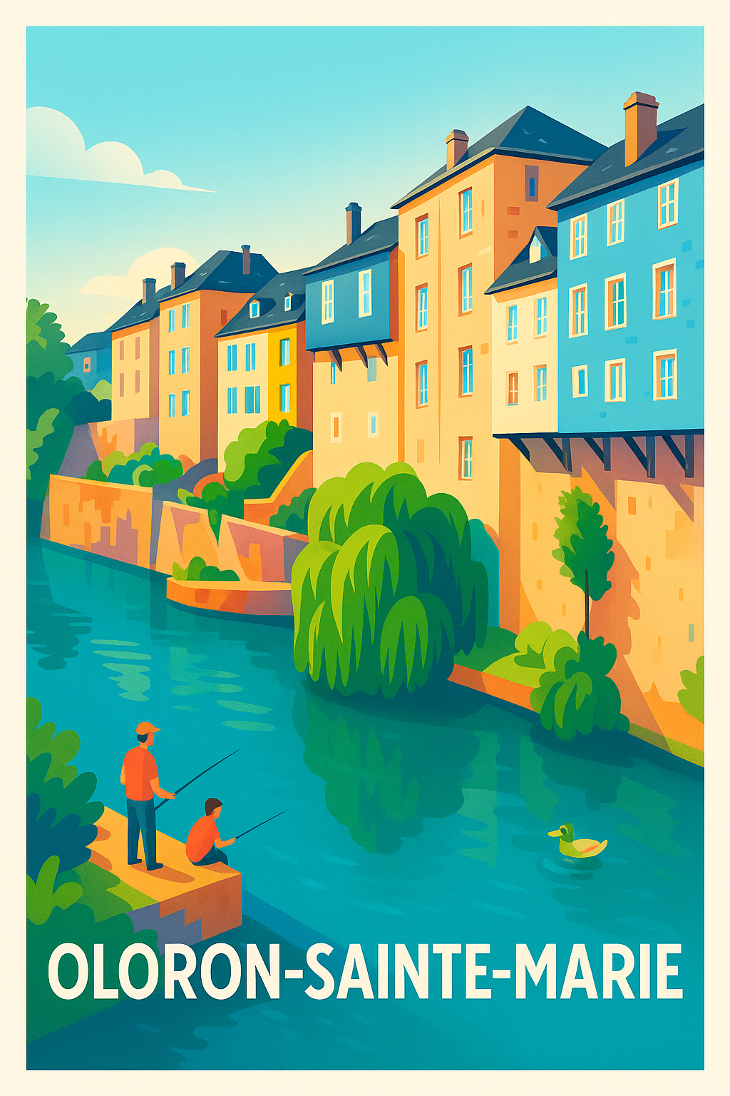Affiche Oloron-Sainte-Marie — Charme tranquille au bord de l'eau · poster d'art de Oloron-Sainte-Marie