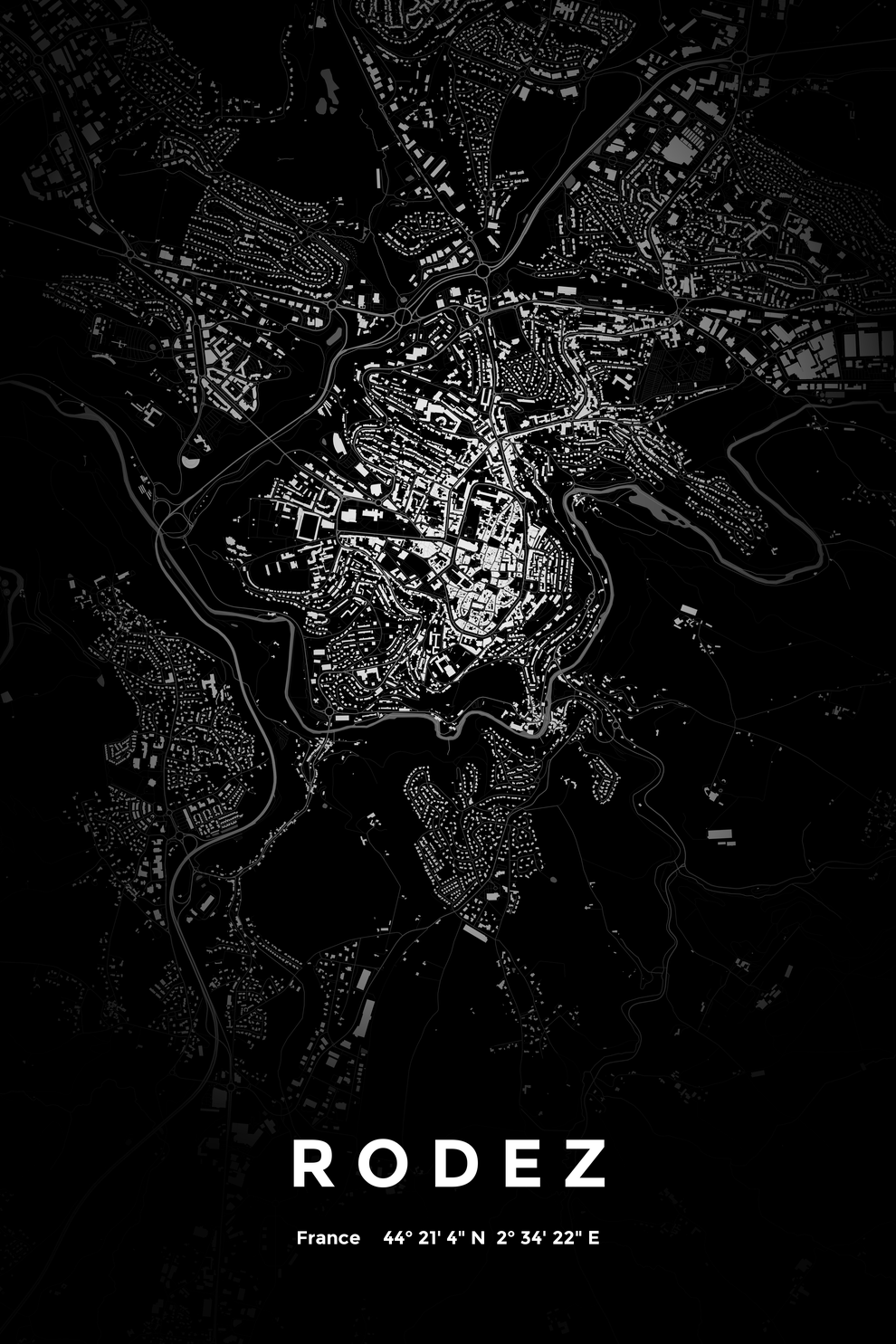 Carte de Rodez nuit - Affiche personnalisée