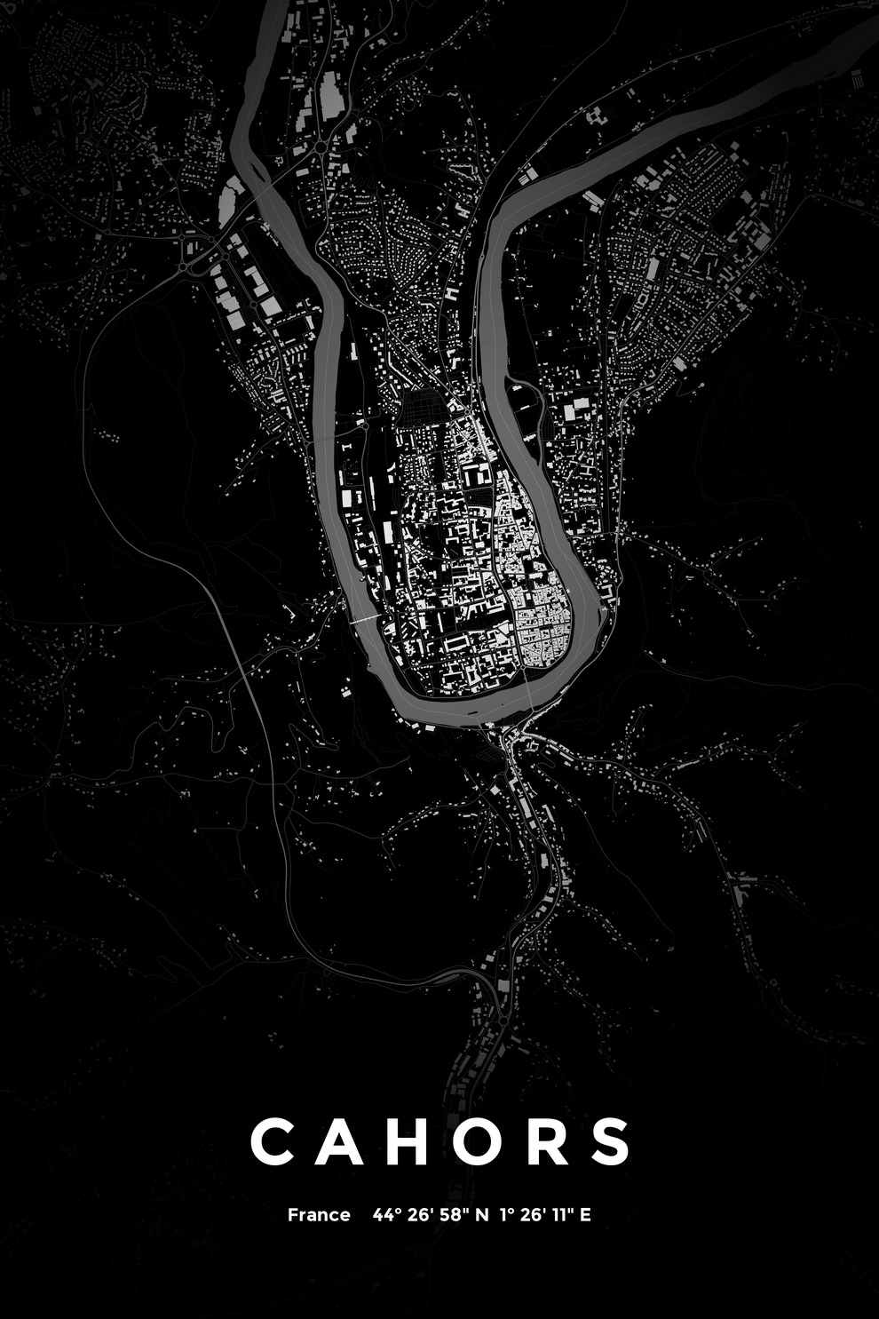 Carte de Cahors nuit - Affiche personnalisée