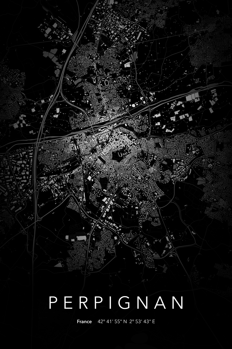 Carte de Perpignan nuit - Affiche personnalisée