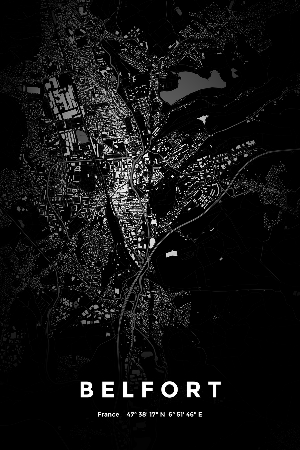 Carte de Belfort nuit - Affiche personnalisée
