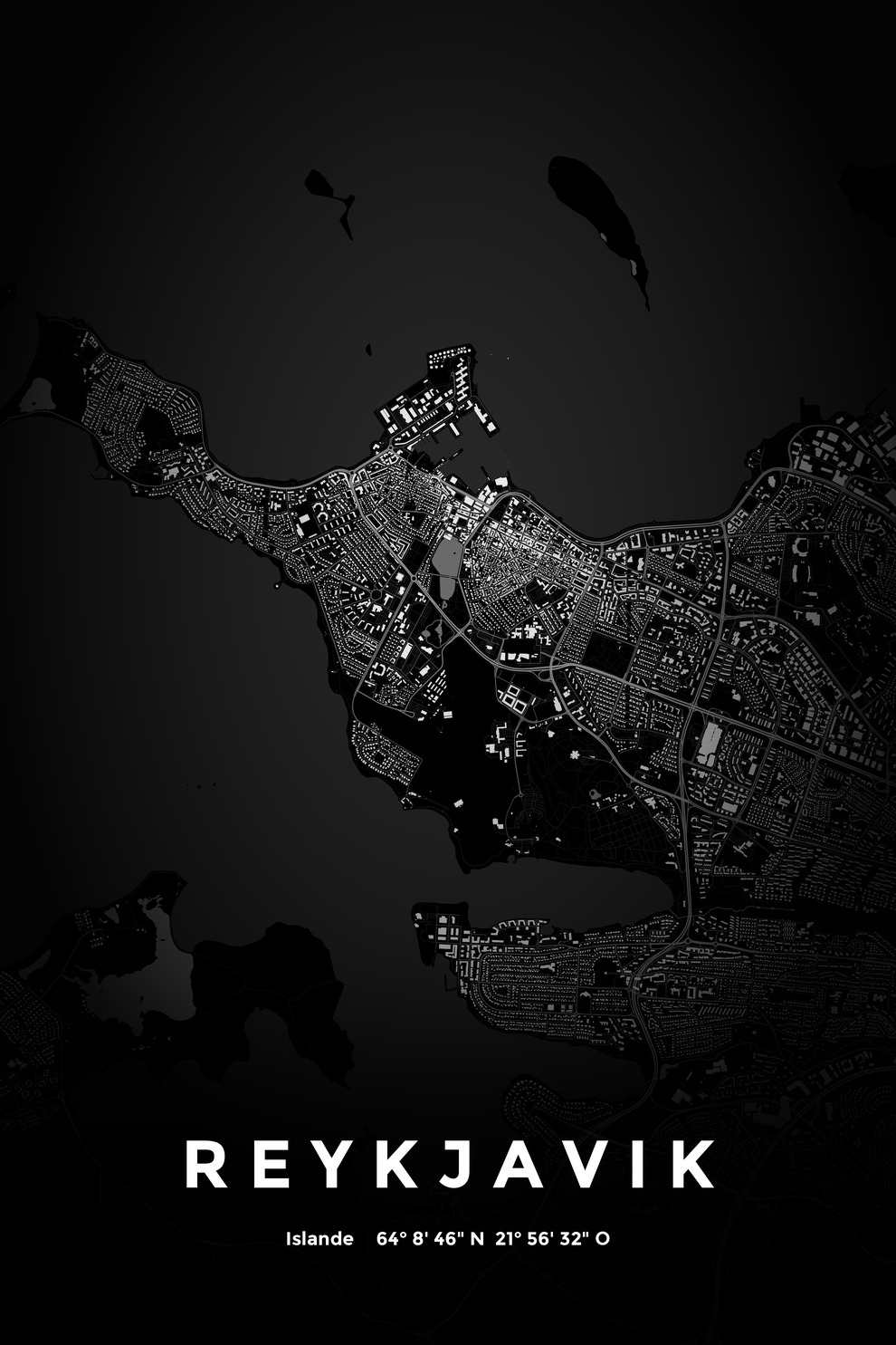 Carte de Reykjavik nuit - Affiche personnalisée