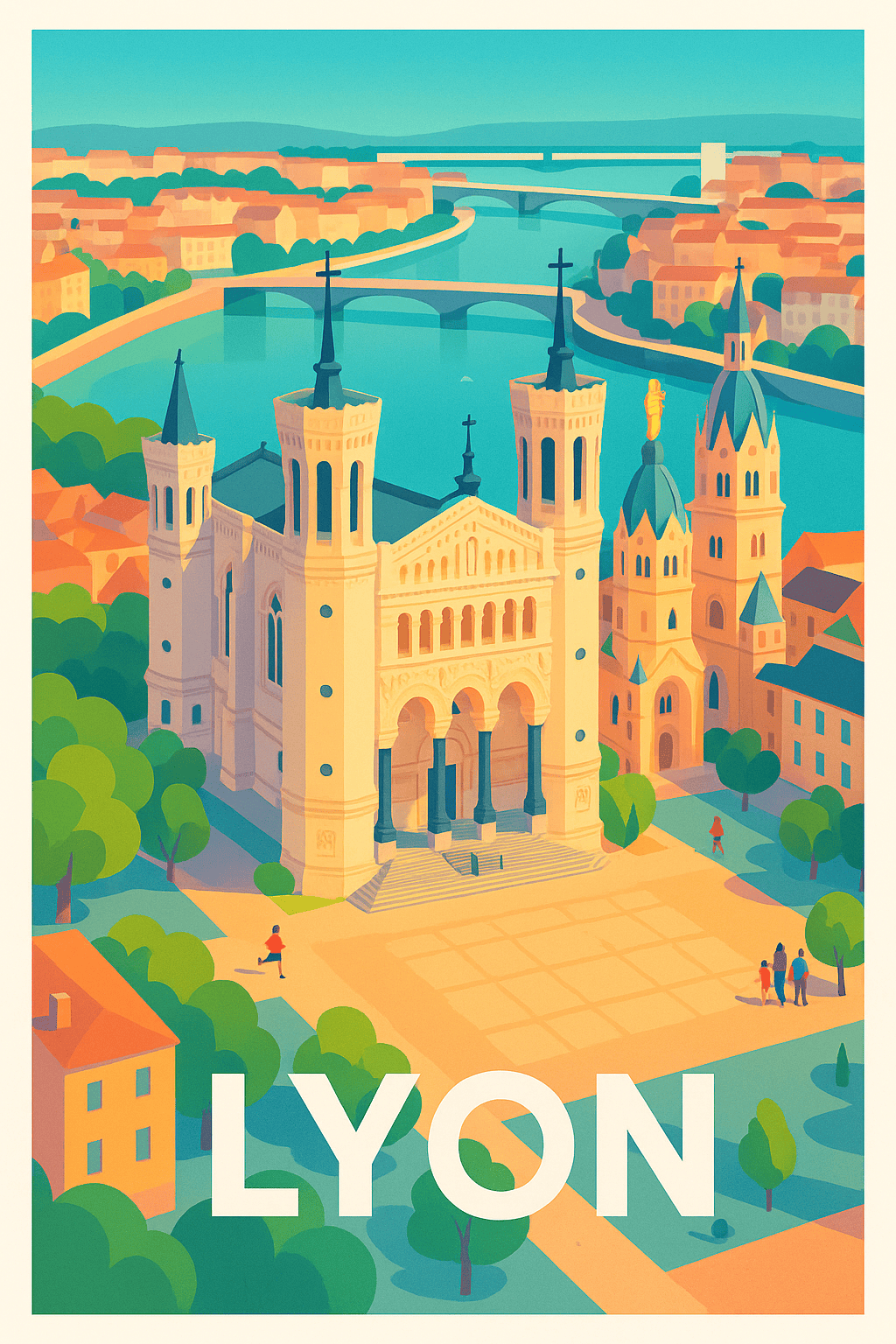 Rhône France Pas de Cadre / 20 × 30cm Affiche de Lyon - Vue iconique de Fourvière