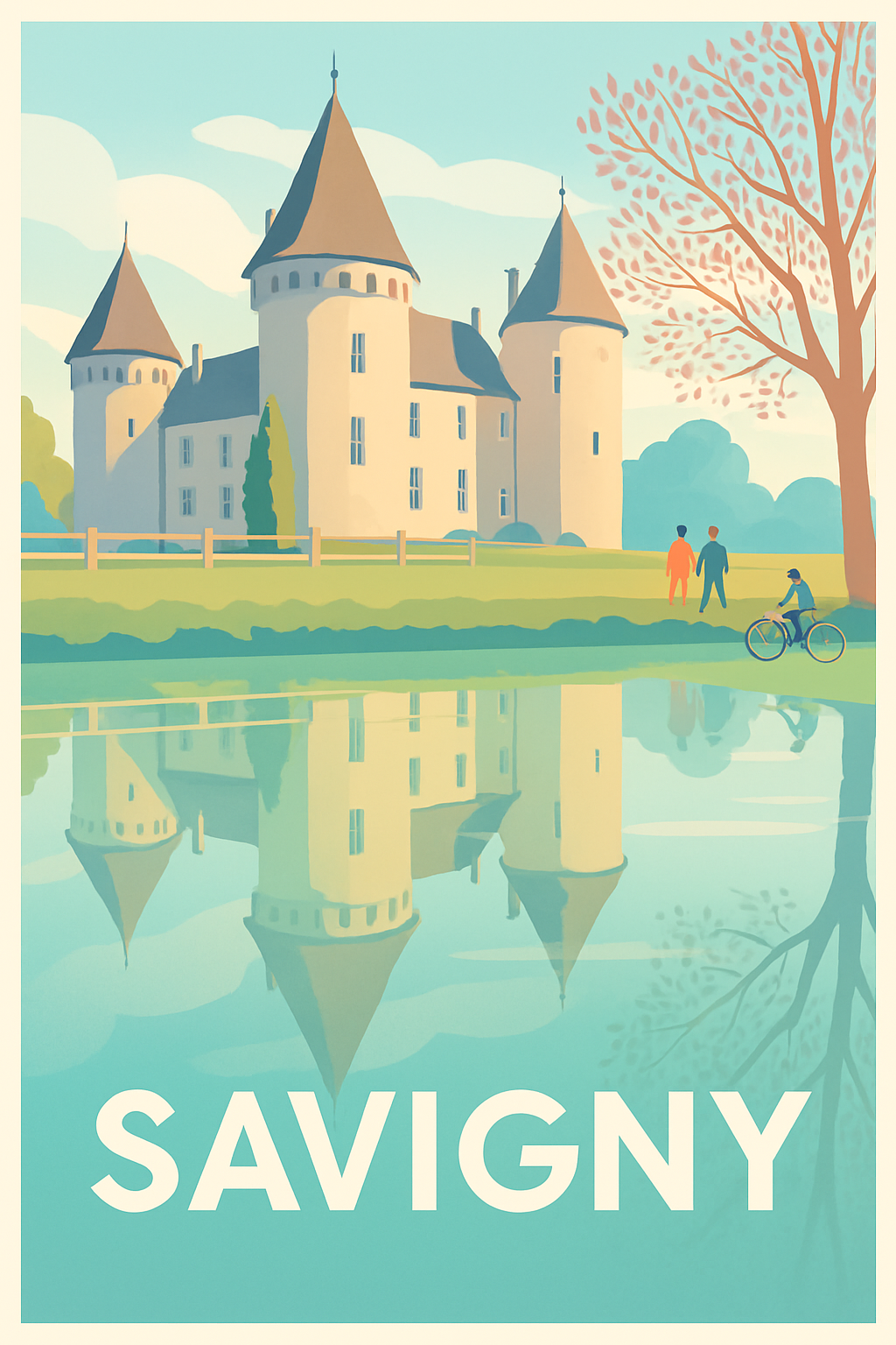 Rhône France Pas de Cadre / 20 × 30cm Affiche de Savigny - Reflets d'un château paisible