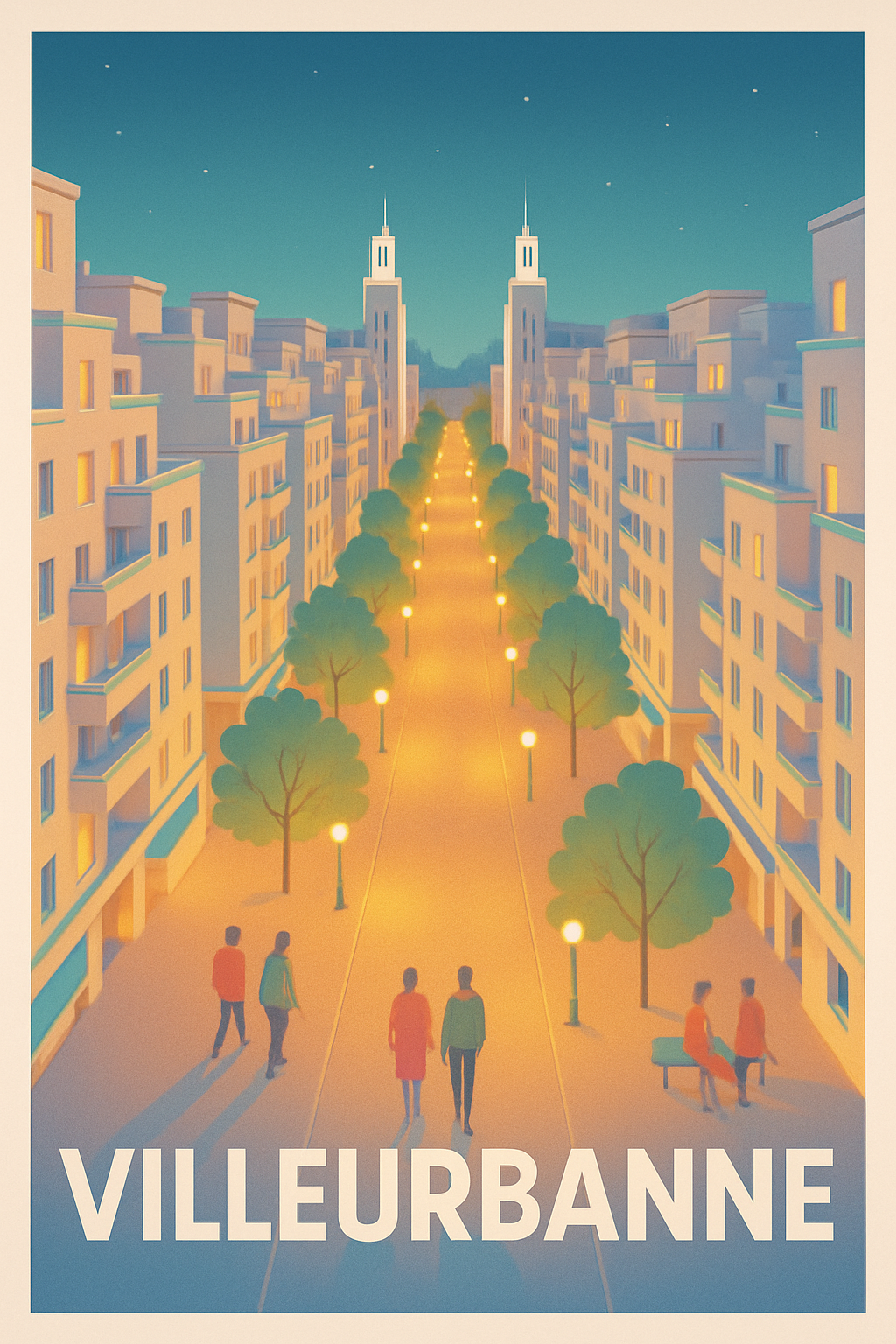 Affiche Villeurbanne — Promenade lumineuse en cœur de ville · poster d'art de Villeurbanne