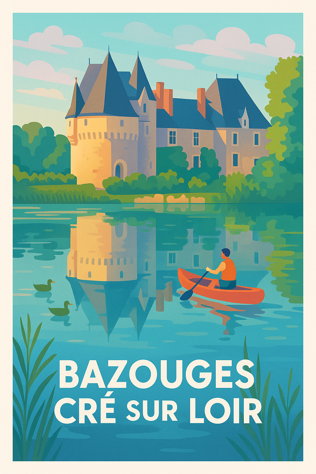 Sarthe France Pas de Cadre / 20 × 30cm Affiche de Bazouges Cré sur Loir - Le charme paisible de la Loire